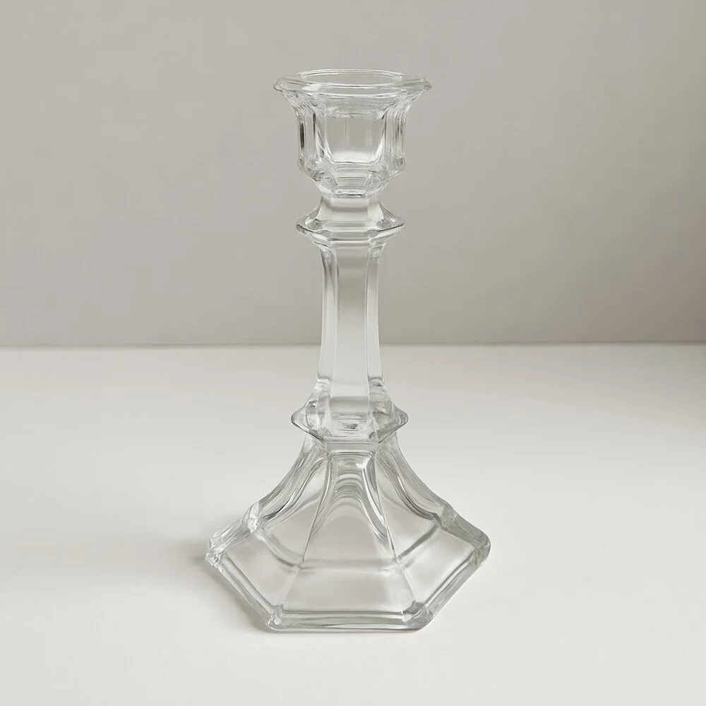 🏷️ Title  Vintage Clear Glass Taper Candle Holder – Hexagon Base, Elegant Class